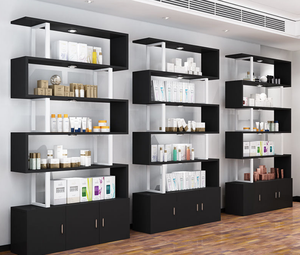 Meuble de présentation minimaliste noir en MDF pour salon, éclairage LED, multiples étagères de rangement pour cosmétiques, produits de beauté, salon de coiffure, usage commercial - Product Image 1