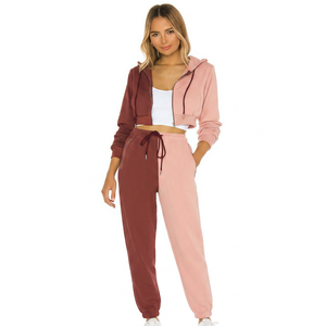 He She Wears Women Color Block Hooded Drawstring <b>Crop</b> Top <b>Joggers</b> Set Full Sleeve Casual Tracksuit Autumn Wear Polyester/Cotton - Product Image 1