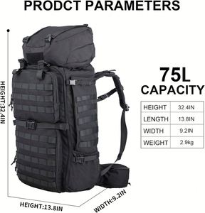 Sac à dos de randonnée en denim 85L avec système MOLLE, cadre interne, housse de pluie, grande capacité, sac à dos tactique pour le camping - Product Image 2