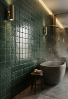 Carrelage en grès lumineux moderne, artisanal et cuit au four sur mesure |   Glaçure émeraude profonde mouchetée à texture aléatoire et irrégulière