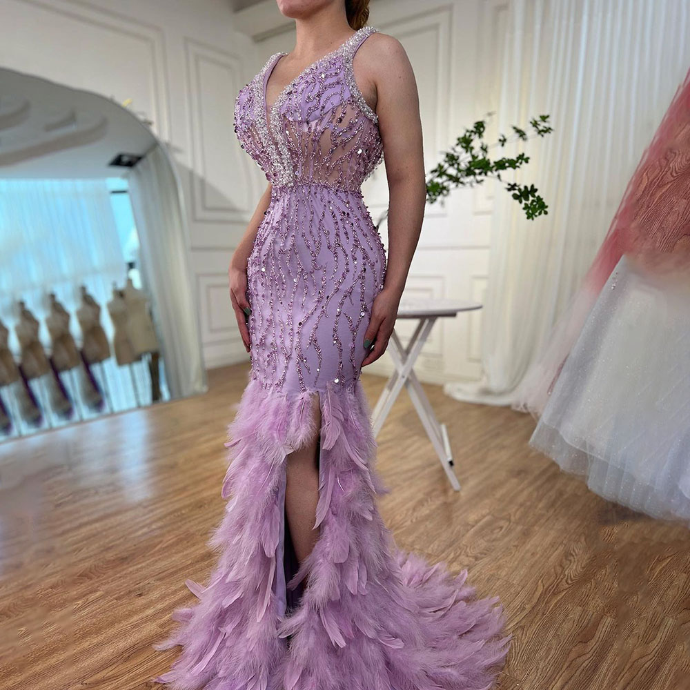 open lace back dress Perrin Fuchsia Pink Feather High Slit Dress Gown main image 1