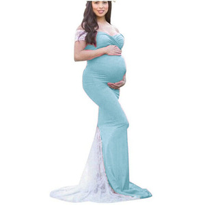 Robe longue extensible en coton rose pour femmes enceintes, vêtements de <span class=keywords><strong>grossesse</strong></span> en jersey, robes de maternité de grande taille pour séance photo, sans épaule - Product Image 3