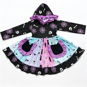 Vestido de Fiesta para Niñas con Estampado de Leche y Seda, Diseño de Calavera, Llama, Cactus, Rosa y Unicornio para Halloween, con Capucha y Mangas con Volantes - Product Image 1