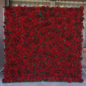 Panel latar belakang dinding bunga sutra gulung atas kustom Mur De Fleurs dinding bunga mawar merah buatan