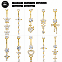 Anneaux de nombril en acier chirurgical 316L doré avec zircone cubique, bijoux de piercing de nombril pendantes, motifs Cygne, Fleur, Nœud, Cœur, Croix, bijoux corporels, vente en gros