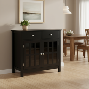 Black Sideboard Buffet Cabinet With Glass Doors 2 Drawers Storage Cupboard <b>For</b> <b>Kitchen</b> Dining Room Furniture - Product Image 2