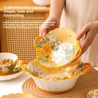 Bol à soupe en céramique à double poignée, motif lapin fleuri de dessin animé, assiette de table, plat à salade, plateau de cuisson, vente en gros