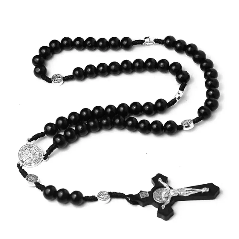 Vente en gros de perles en bois pendentif croix chapelets de Jésus collier avec croix en argent chapelet central de Maria bijoux religieux