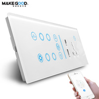 Interrupteur mural intelligent Makegood Factory Outlet avec variateur de vitesse pour ventilateur, climatiseur, port USB-C, compatible Alexa et Google, 220V, écran tactile en verre, WiFi, IP53