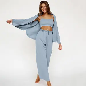 Women Lingerie Ice Silk Pajamas Trousers Robe 3 Pieces Set Ribbed Loungewear Set Women