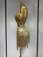 Robe courte transparente à paillettes et franges pour fête d'anniversaire de femme, spectacle de danse, nouvelle mode sexy, costume de scène doré scintillant