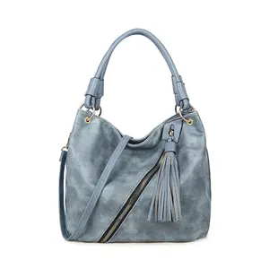 Fashion casual blue imitation leather PU handbag with tassel large women's shoulder bag