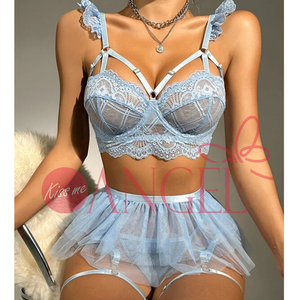 KISS ME ANGEL personalizado privado malla encaje ajuste perspectiva liguero y anillo de pierna panty y sujetador conjunto para chica - Product Image 1