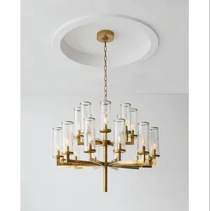 Luminária pendente luxuosa americana moderna e minimalista, cilindro de vidro rachado, lâmpada clássica de cobre para sala de jantar, ideal para sala de estar