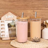 Gobelets en verre avec couvercles en bambou et pailles réutilisables, hermétiques, transparents, design moderne, compatibles lave-vaisselle, pour adultes, cadeau de Noël pour le bureau