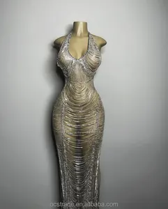 Ocstrade2023冬の秋の女性のドレスゴールドダイヤモンド装飾ドレス女性のイブニングドレスのためのエレガントでセクシーなノースリーブガウン