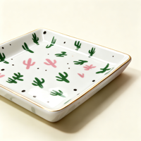 Mug en céramique gaufré moderne pour Noël et mariage avec 2 plateaux rectangulaires imprimés cactus et bord doré – Décoration d'intérieur