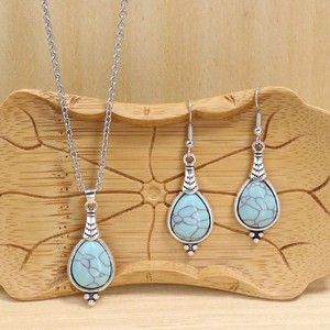 Ensemble de bijoux bohèmes pour femmes, collier et boucles d'oreilles en forme de goutte d'eau, alliage plaqué argent antique, ensemble tendance - Product Image 2