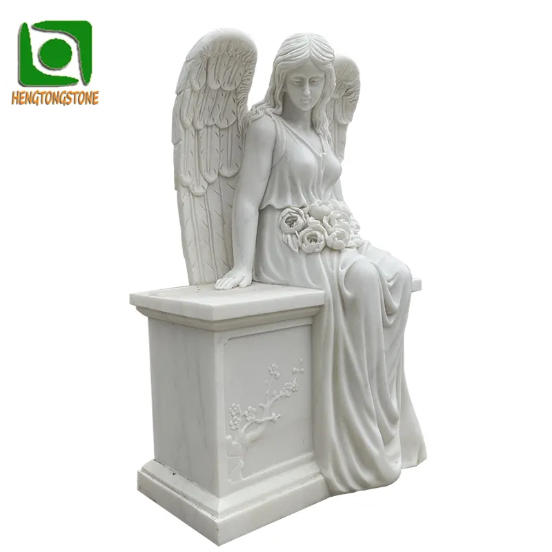 墓地記念装飾手彫りの白い大理石の座っている天使の像の墓石