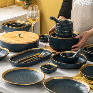 Thiết Kế Mới Bắc Âu Giáng Sinh Hộ Gia Đình Nhà Hàng Món Ăn Phương Tây Món Tráng Miệng Màu Xanh Vàng Rim Gốm Hình Bầu Dục Tấm Khay Đồ Ăn - Product Image 6