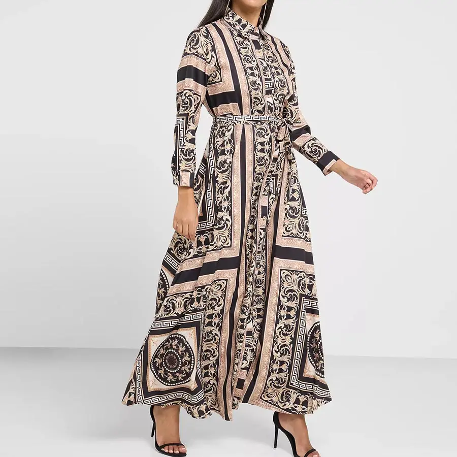 Gaun motif bunga Abaya Dubai mode sederhana etnis dengan sabuk gaun motif bunga klasik Muslim