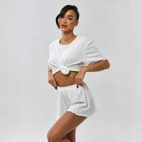Pakaian Rumah Wanita Set Dua Potong Bahan Campuran Katun 35% Lengan Pendek Celana Pendek Dos Para Set untuk Wanita