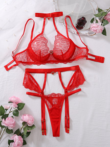 Fashion Embroidery Heart Lingerie <b>Set</b> <b>Sexy</b> Lace See-Through Three-Piece Buckle Leg Strap Bra <b>Set</b> - Product Image 2