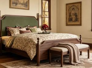 Premium Queen Size Dark Wood Spindle <b>Bed</b> With Green Velvet Arched Upholstered Headboard For Bedroom - Product Image 4