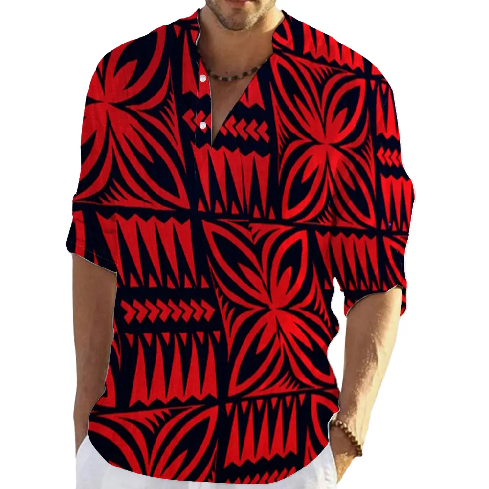 De Boa Qualidade Samoa Polinésia Tribal Homens de Bambu Cânhamo Metade-cardigan Stand Collar Manga Longa Camisa Ajustável