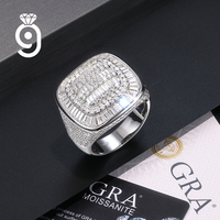 Bague Moissanite en Argent S925 Plaqué Rhodium Style Hip Hop, Sertie Pavé Coupe Baguette, Style Urbain Rapper, Vente en Gros