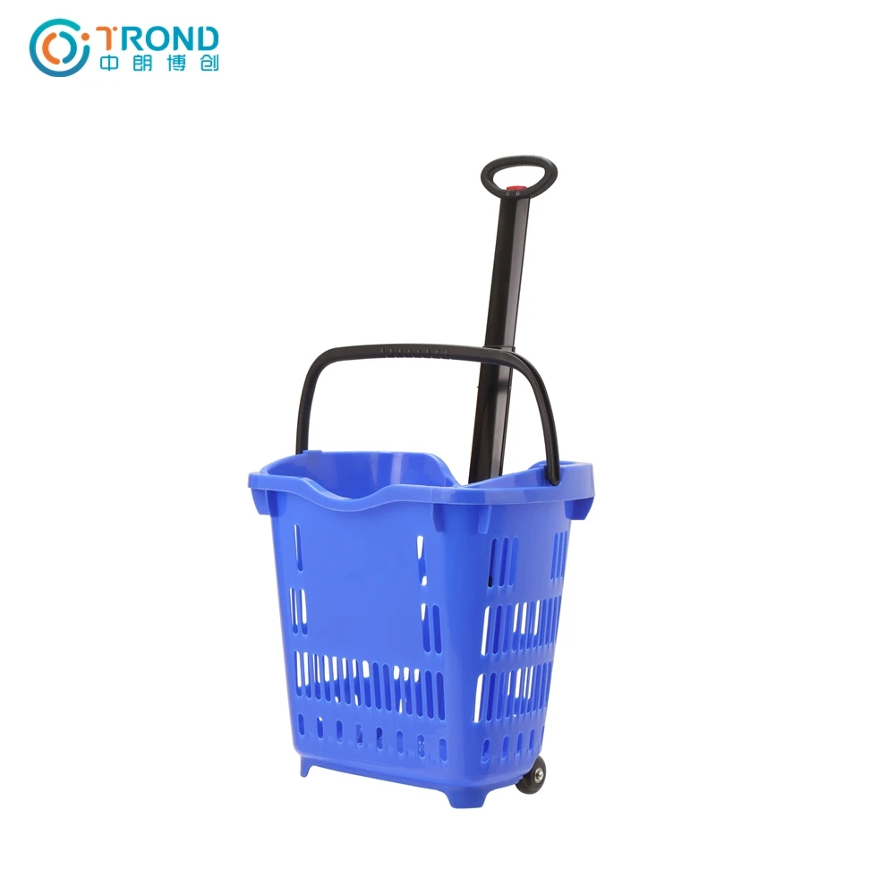 Supermarket Wholesale Plastic Rolling Collapsible Trolley Shopping Baskets with Wheels