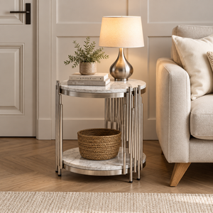 Modern <b>Round</b> Marble <b>Side</b> <b>Table</b> <b>with</b> Gold Metal Frame Two Tier <b>Storage</b> Shelf for Living Room Furniture - Product Image 3
