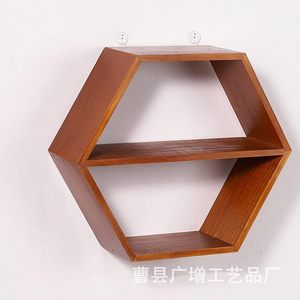 Hexagonal Wall <b>Shelf</b> Wooden Storage <b>Rack</b> 2 Tier Retro Color Wall Mounted Display <b>Rack</b> For Home Decoration - Product Image 4