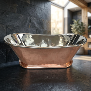 Baignoire ovale autoportante en cuivre martelé, cuve de bain métallique moderne de luxe pour adulte, écologique, avec couvercle, style indien pour la maison - Product Image 1