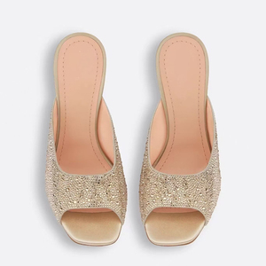 Mules de tacón alto con perlas y pedrería brillante para mujer, sandalias de vestir de ajuste ancho con punta abierta - Product Image 6