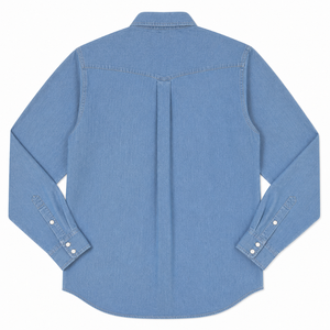 เสื้อเชิ้ตเดนิม Chambray 8 ออนซ์ แขนยาวสำหรับผู้ชาย ลุคสบายๆ ซักแล้ว ใส่โลโก้ได้ตามสั่ง สไตล์ตะวันตก ติดกระดุมแบบ Snap ผลิตแบบ OEM ODM จากบังกลาเทศ - Product Image 3