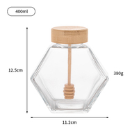 Pot à miel hexagonal en verre transparent de qualité alimentaire 380 ml avec couvercle à vis et cuillère en bois, boîte scellée pour le stockage