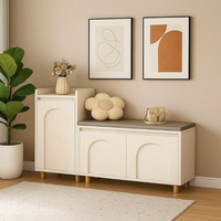 Buffet de rangement moderne avec portes à panneaux cintrés et pieds dorés pour salon, entrée et salle à manger