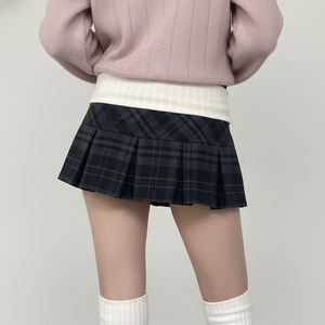 กระโปรงสั้นลายสก็อตสไตล์วินเทจอเมริกันสำหรับผู้หญิง ดีไซน์เอวพับตัดสี ทรงเอ พลีท สไตล์ลำลองแบบนักศึกษา - Product Image 4