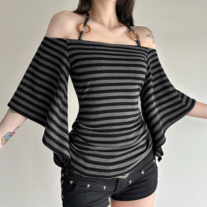 Camiseta de verano a rayas vintage para mujer, con hombros descubiertos, cuello halter con anillo, manga murciélago, media manga, top informal de ajuste holgado Y2K - Product Image 1