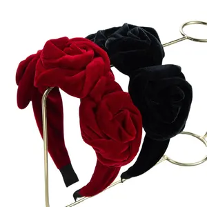 Mode Fluwelen Brede Hoofdband Vintage Stijl Haaraccessoires Zwart Rood Roos Bloem Haarband Voor Vrouwen Meisje