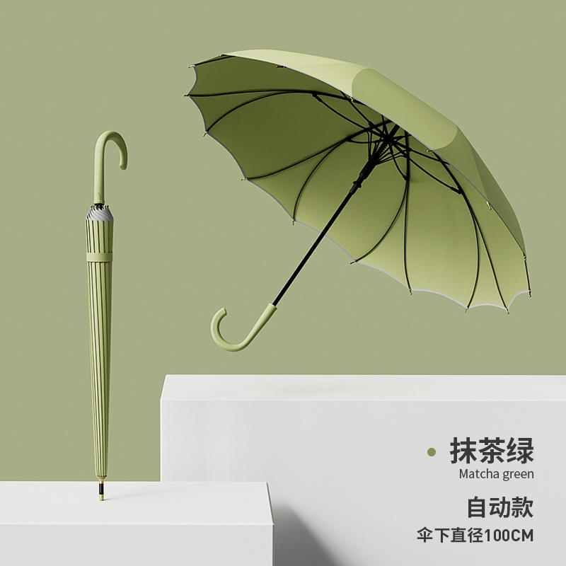Una pieza automática de mango largo paraguas Matcha verde