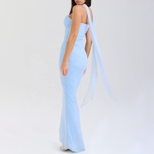 Abito di Lusso <span class=keywords><strong>Elegante</strong></span> per Signora, <span class=keywords><strong>Vestito</strong></span> <span class=keywords><strong>Lungo</strong></span> ODM 2 Pezzi, Abito da Cerimonia Giovanile Casual in Seta Dorata Invernale Blu Sexy per Donna - Product Image 3