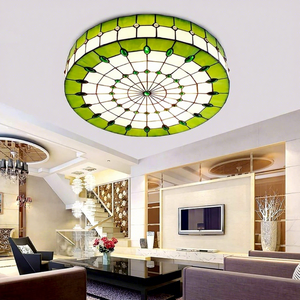 Lámpara de techo de vidrieras estilo Tiffany LED mediterráneo, base de acero, 16 pulgadas, color verde, 2700K, blanco cálido - Product Image 1