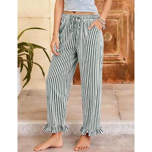 Pantalones de descanso a rayas para mujer, de algodón, con cintura elástica, dobladillo con volantes, cómodos, con cordón, pantalones de pijama, ropa de dormir - Product Image 3