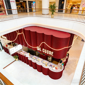Airy Luxe Bakery & Coffee Market Stall Featuring Glass Display Case, Open Tiered Shelving, and Integrated Warm Lighting - Product Image 3