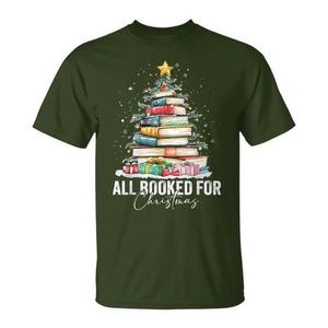 T-shirt con stampa 'All Booked For Christmas', design Coquette Books Teacher Xmas Tree, regalo per le vacanze - Product Image 1