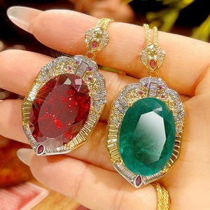 Vintage Jewelry Eco-friendly Copper Gold Plated 18*25MM Oval Shape <b>Emerald</b> Zircon <b>Pendant</b> Necklace for Evening Banquet Wear Tu - Product Image 1