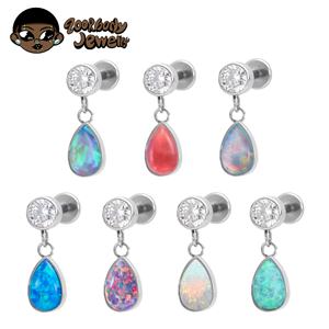 Pendientes roscados Piercing plano del cartílago del trago Joyería Perla Ópalo Piedra G23 Titanio Lágrimas Colgante Gota de plata Moda - Product Image 2