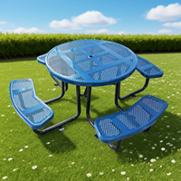 Ensemble table et banc de pique-nique rond moderne perforé bleu OEM 46 pouces pour parc, jardin/extérieur/camping en bord de mer, repas en métal thermoplastique